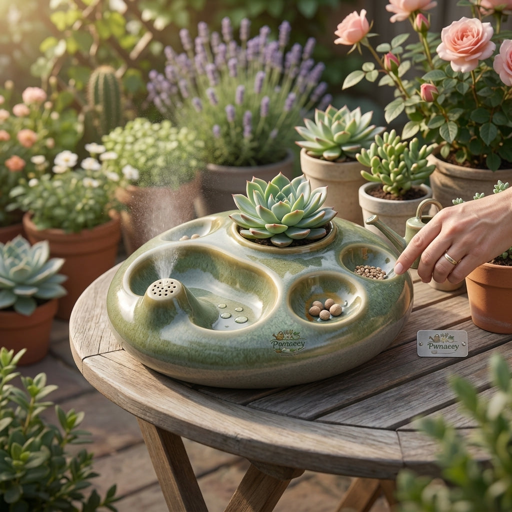 Pwnaeey™ Smart Misting Succulent Pot - Glazed Ceramic Self-Watering Planter with Integrated Slow-Release Nutrient Feeder, Automatic Hydration & Feeding System for Indoor Plants, Cacti, and Herbs