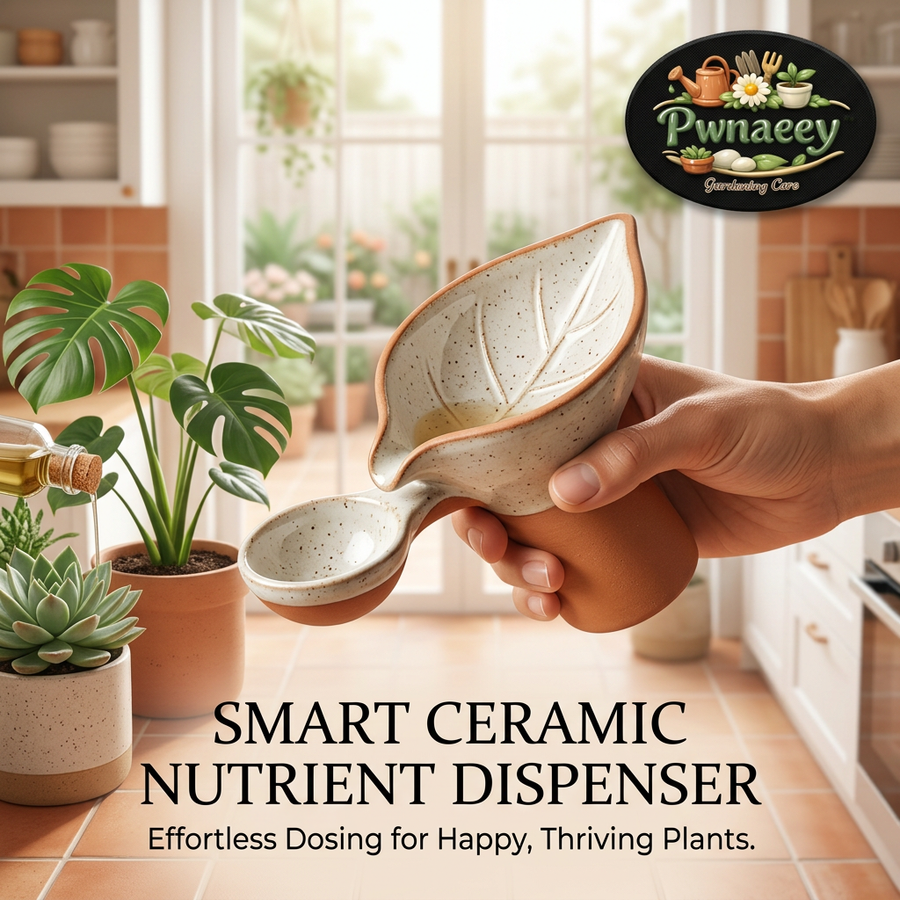 Pwnaeey™ Smart Ceramic Plant Nutrient Dispenser | Leaf-Shaped Liquid Fertilizer Dosing Cup & Measuring Spoon for Indoor Plants, Monstera, and Succulents | Handcrafted Terracotta Gardening Care Tool, Premium Gift for Plant Lovers