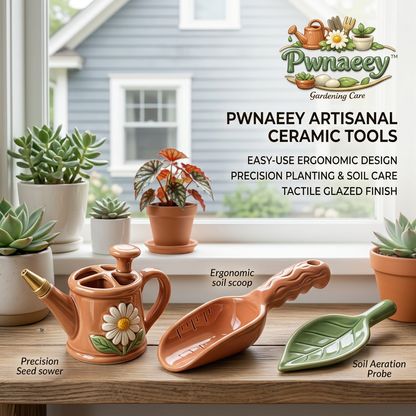 Pwnaeey™ 3-Piece Ceramic Gardening Tool Set - Ergonomic Soil Scoop with Measurements, Precision Seed Sower, Leaf Soil Aerator Probe - Aesthetic Clay & Glazed Hand Tools for Indoor Plants, Succulents, Gardening Gifts