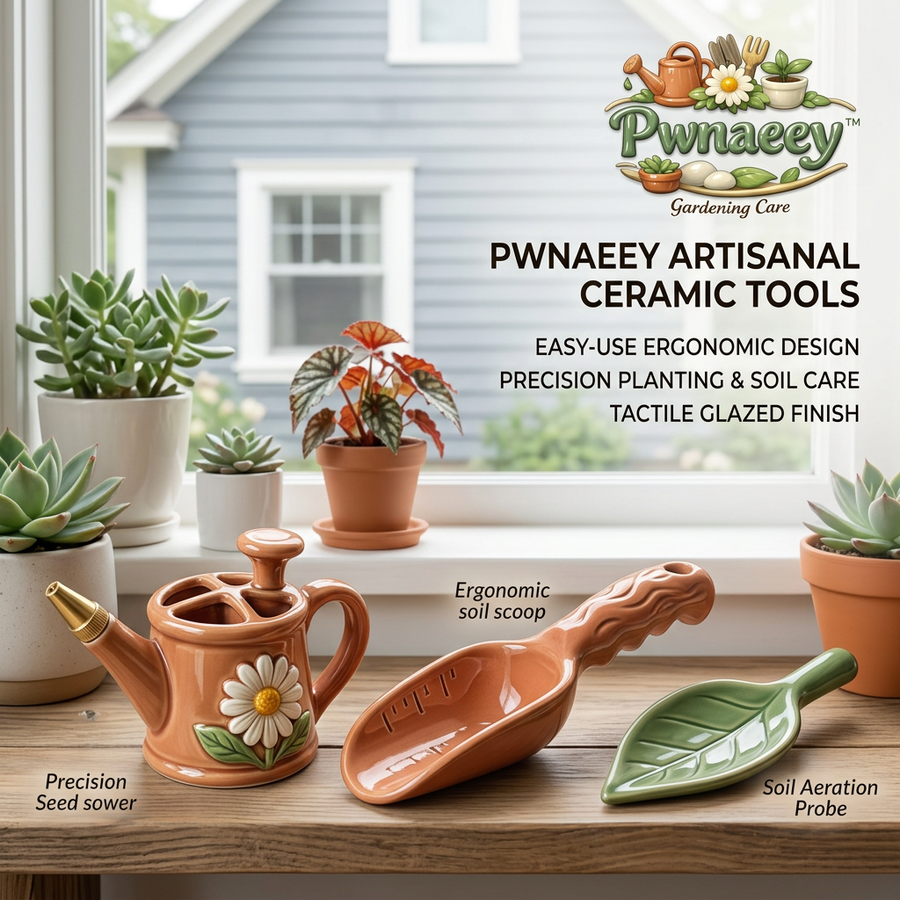 Pwnaeey™ 3-Piece Ceramic Gardening Tool Set - Ergonomic Soil Scoop with Measurements, Precision Seed Sower, Leaf Soil Aerator Probe - Aesthetic Clay & Glazed Hand Tools for Indoor Plants, Succulents, Gardening Gifts
