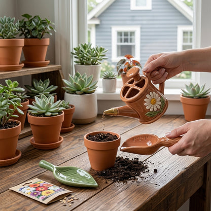 Pwnaeey™ 3-Piece Ceramic Gardening Tool Set - Ergonomic Soil Scoop with Measurements, Precision Seed Sower, Leaf Soil Aerator Probe - Aesthetic Clay & Glazed Hand Tools for Indoor Plants, Succulents, Gardening Gifts