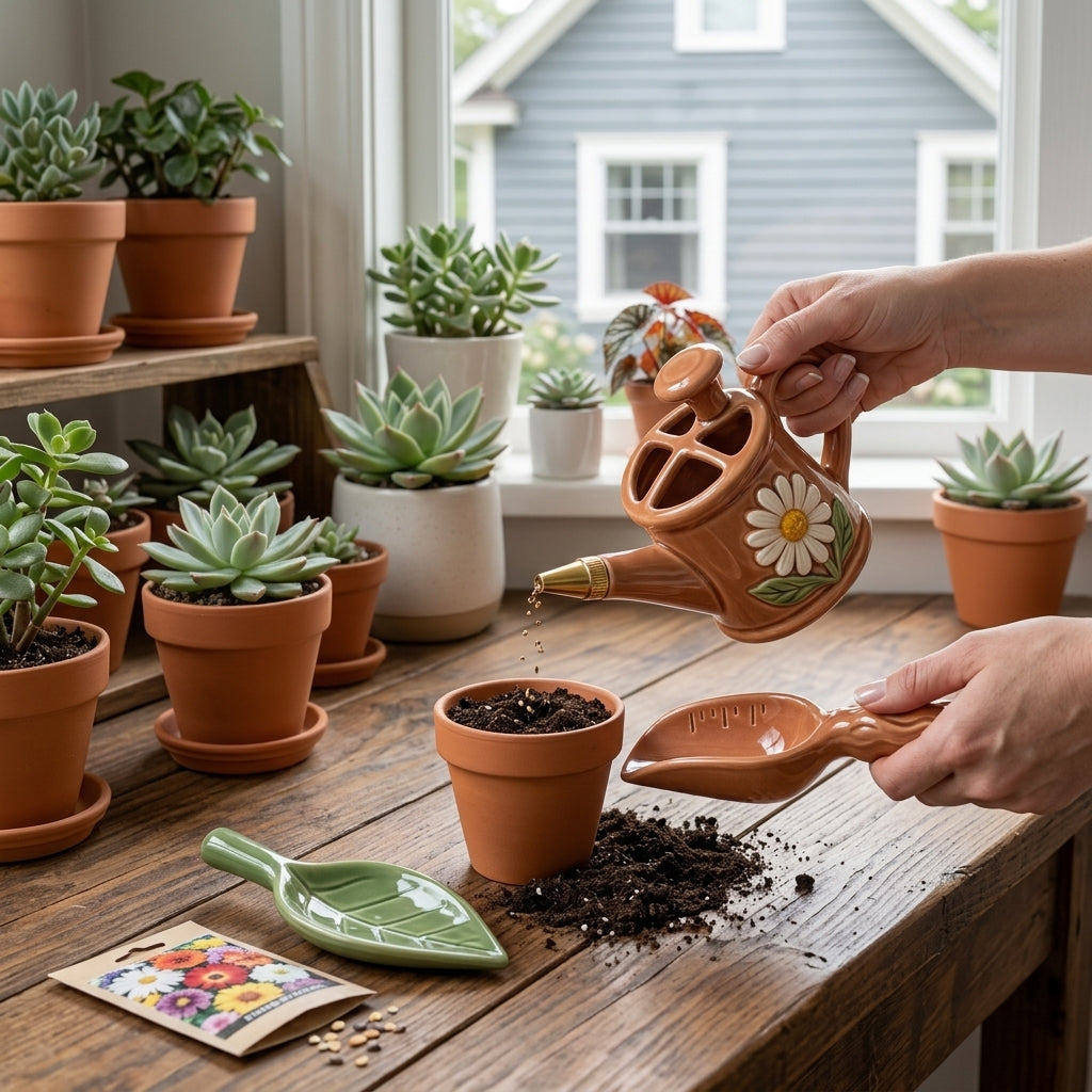 Pwnaeey™ 3-Piece Ceramic Gardening Tool Set - Ergonomic Soil Scoop with Measurements, Precision Seed Sower, Leaf Soil Aerator Probe - Aesthetic Clay & Glazed Hand Tools for Indoor Plants, Succulents, Gardening Gifts