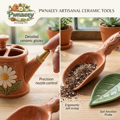 Pwnaeey™ 3-Piece Ceramic Gardening Tool Set - Ergonomic Soil Scoop with Measurements, Precision Seed Sower, Leaf Soil Aerator Probe - Aesthetic Clay & Glazed Hand Tools for Indoor Plants, Succulents, Gardening Gifts