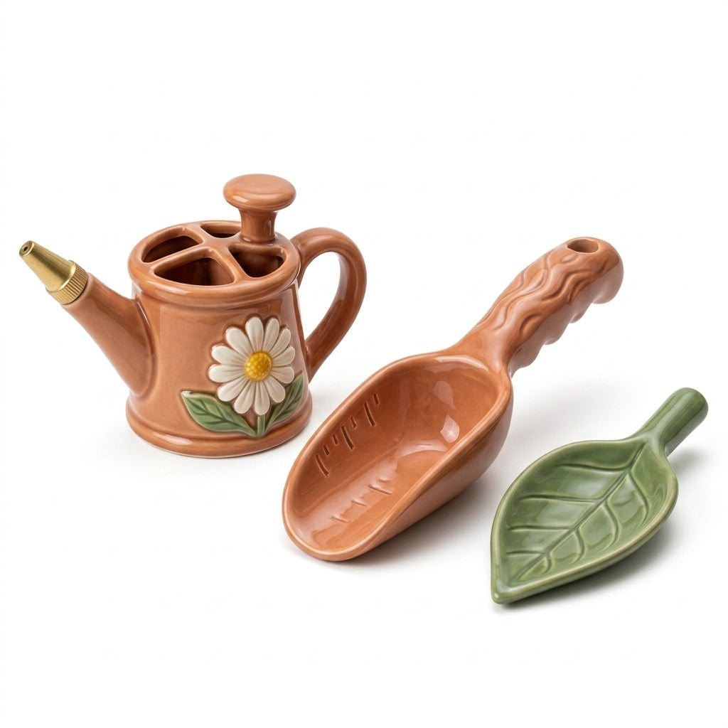 Pwnaeey™ 3-Piece Ceramic Gardening Tool Set - Ergonomic Soil Scoop with Measurements, Precision Seed Sower, Leaf Soil Aerator Probe - Aesthetic Clay & Glazed Hand Tools for Indoor Plants, Succulents, Gardening Gifts
