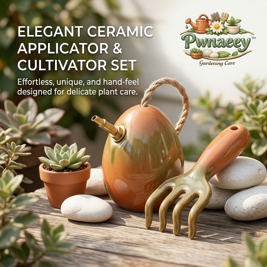 Pwnaeey™ 2-Piece Ceramic Gardening Tool Set - Elegant Egg-Shaped Watering Can & Hand Rake Cultivator Kit - Premium Glazed Clay Succulent & Bonsai Care Tools for Indoor Plants, Unique Garden Gift