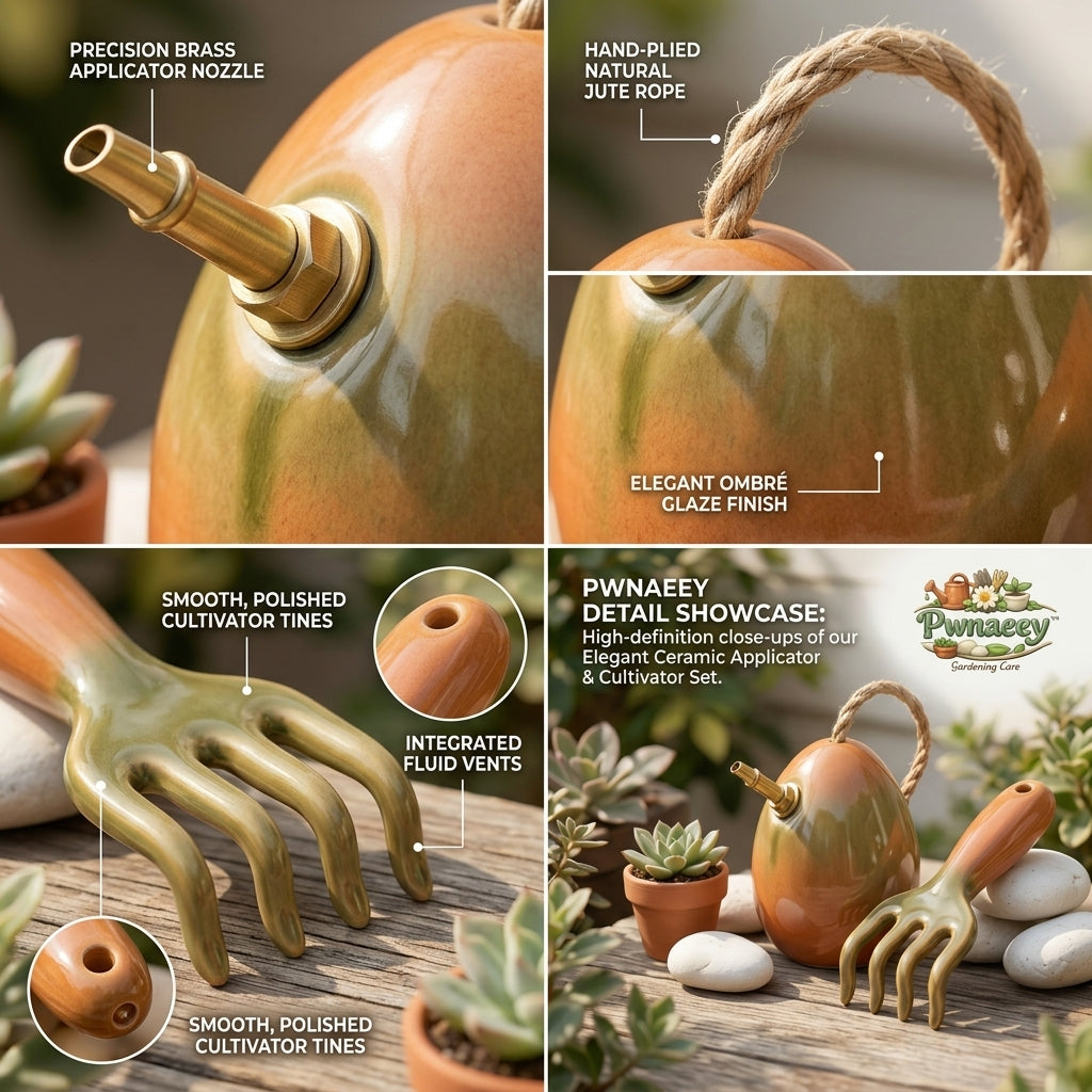 Pwnaeey™ 2-Piece Ceramic Gardening Tool Set - Elegant Egg-Shaped Watering Can & Hand Rake Cultivator Kit - Premium Glazed Clay Succulent & Bonsai Care Tools for Indoor Plants, Unique Garden Gift