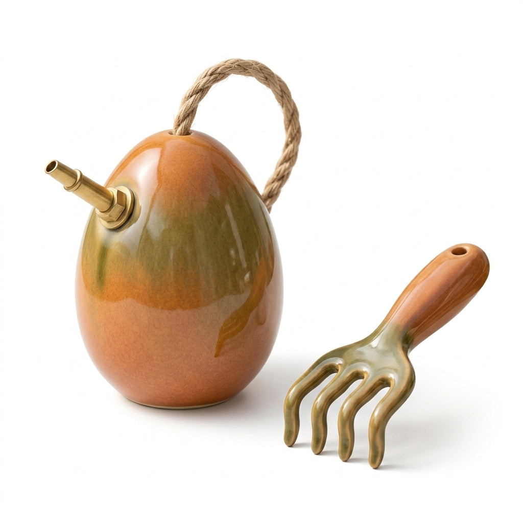 Pwnaeey™ 2-Piece Ceramic Gardening Tool Set - Elegant Egg-Shaped Watering Can & Hand Rake Cultivator Kit - Premium Glazed Clay Succulent & Bonsai Care Tools for Indoor Plants, Unique Garden Gift