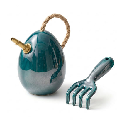 Pwnaeey™ 2-Piece Ceramic Gardening Tool Set - Elegant Egg-Shaped Watering Can & Hand Rake Cultivator Kit - Premium Glazed Clay Succulent & Bonsai Care Tools for Indoor Plants, Unique Garden Gift