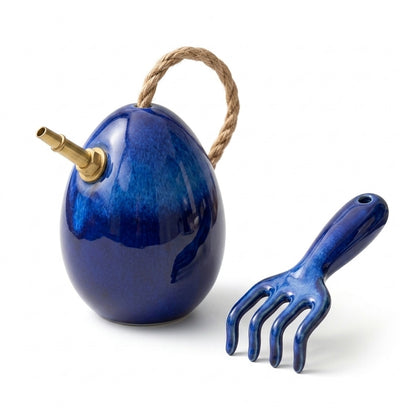 Pwnaeey™ 2-Piece Ceramic Gardening Tool Set - Elegant Egg-Shaped Watering Can & Hand Rake Cultivator Kit - Premium Glazed Clay Succulent & Bonsai Care Tools for Indoor Plants, Unique Garden Gift