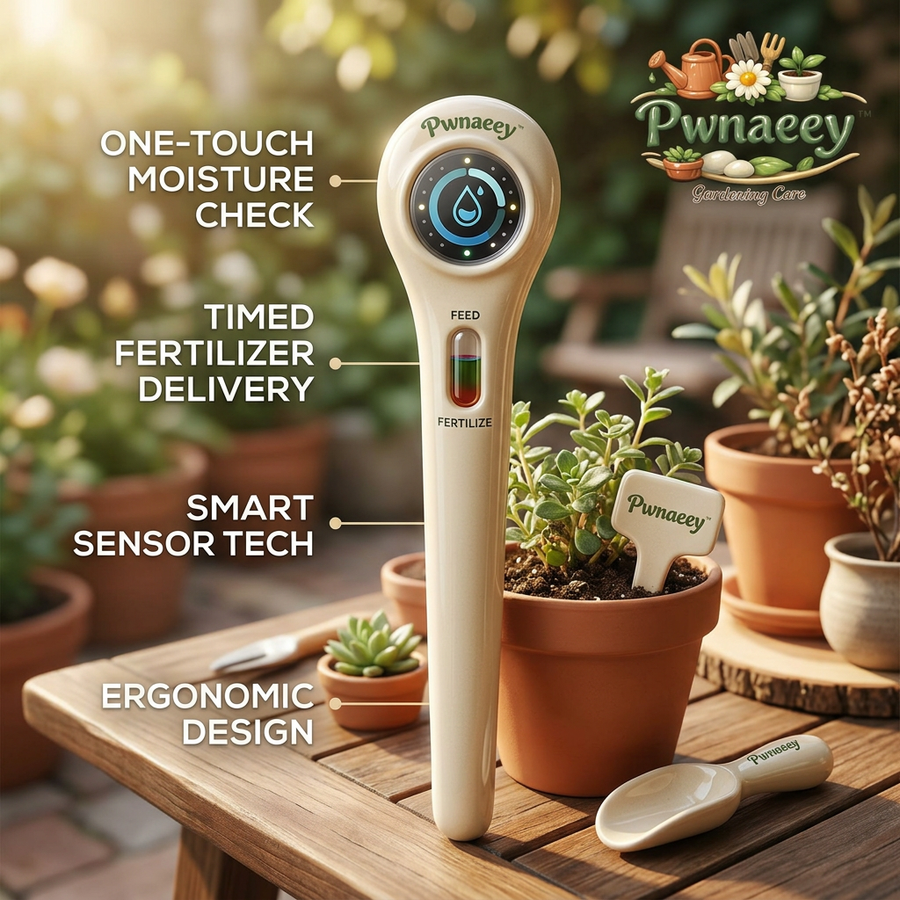 Pwnaeey™ Smart 3-in-1 Soil Moisture Meter & Timed Fertilizer Dispenser | Advanced Soil Tester with Smart Sensor Tech for Houseplants, Garden, Lawn & Farm | Ergonomic Plant Water Monitor & Nutrient Feeder
