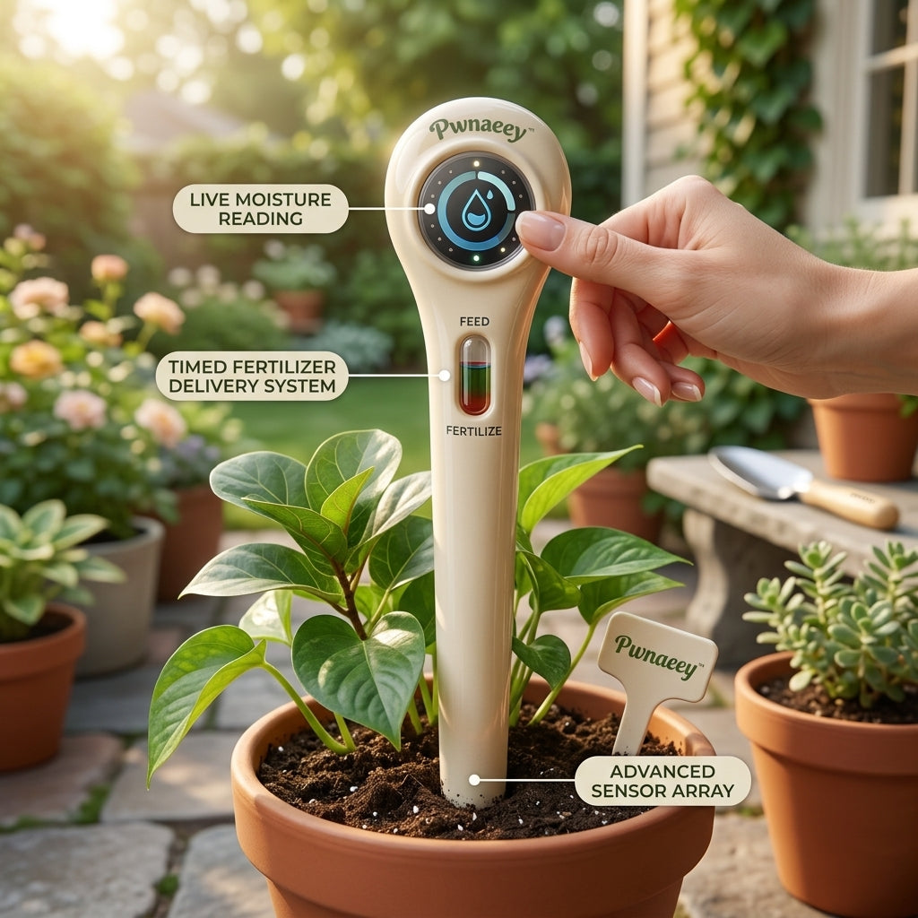 Pwnaeey™ Smart 3-in-1 Soil Moisture Meter & Timed Fertilizer Dispenser | Advanced Soil Tester with Smart Sensor Tech for Houseplants, Garden, Lawn & Farm | Ergonomic Plant Water Monitor & Nutrient Feeder