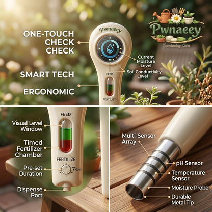 Pwnaeey™ Smart 3-in-1 Soil Moisture Meter & Timed Fertilizer Dispenser | Advanced Soil Tester with Smart Sensor Tech for Houseplants, Garden, Lawn & Farm | Ergonomic Plant Water Monitor & Nutrient Feeder