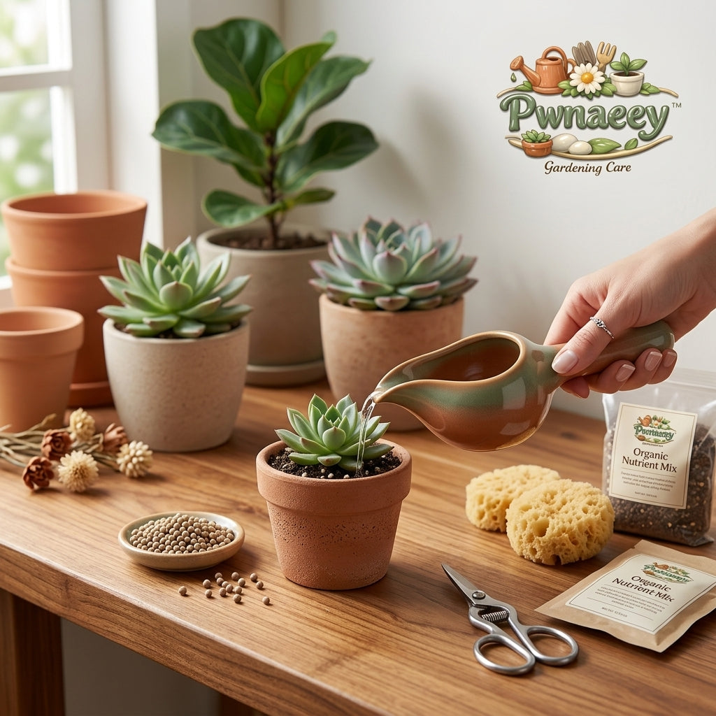 Pwnaeey™ Ceramic Indoor Watering Can & Precision Succulent Care Duo | Dual-Handle Mini Watering Pitcher, Mess-Free Fertilizer Pourer & Soil Scoop for Houseplants, Bonsai, and Small Pots