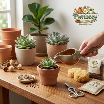 Pwnaeey™ Ceramic Indoor Watering Can & Precision Succulent Care Duo | Dual-Handle Mini Watering Pitcher, Mess-Free Fertilizer Pourer & Soil Scoop for Houseplants, Bonsai, and Small Pots