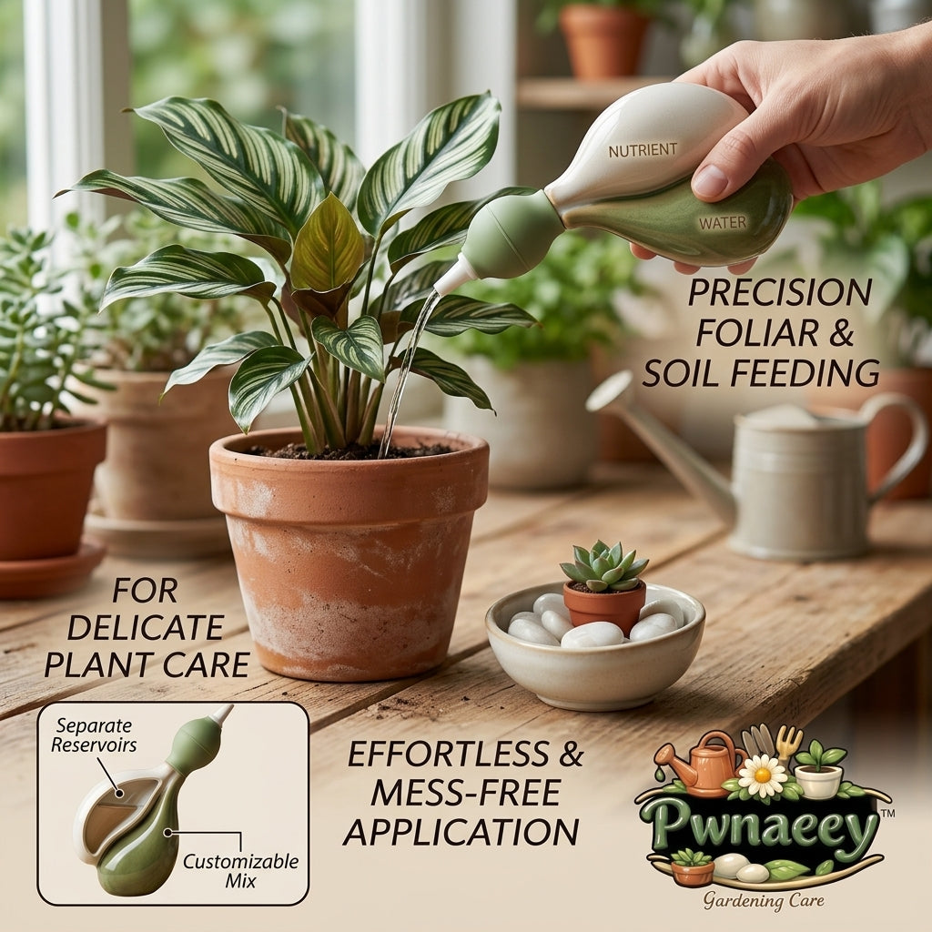 Pwnaeey™ Ceramic Dual-Chamber Plant Feeder - Precision Succulent Watering Bottle & Foliar Soil Feeding Squeeze Bulb, Mess-Free Fertilizer Dispenser for Delicate Indoor Plants, Bonsai, and Orchids
