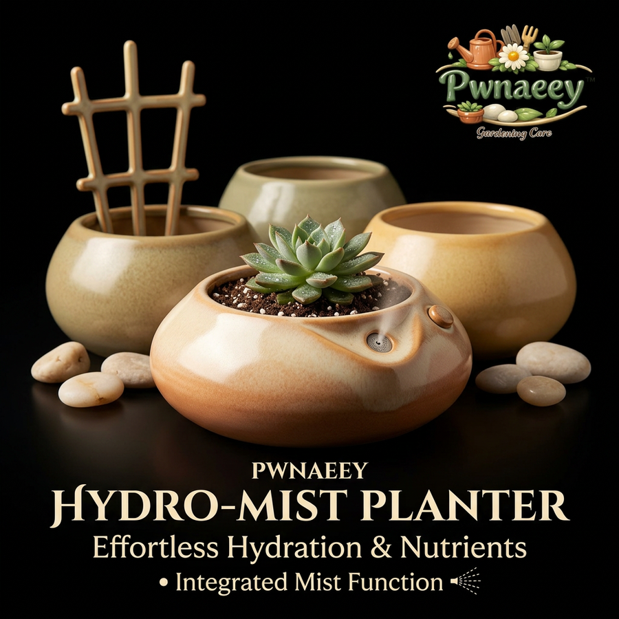 Pwnaeey™ Hydro-Mist Ceramic Planter Set - Smart Self-Watering Succulent Pot with Integrated Mister, Decorative Indoor Flower Pots with Trellis and River Rocks for Home Office Decor