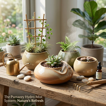 Pwnaeey™ Hydro-Mist Ceramic Planter Set - Smart Self-Watering Succulent Pot with Integrated Mister, Decorative Indoor Flower Pots with Trellis and River Rocks for Home Office Decor