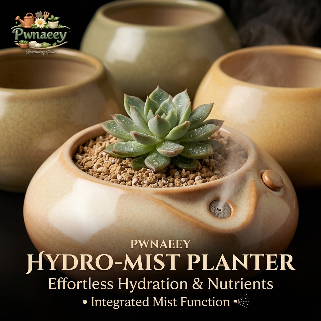 Pwnaeey™ Hydro-Mist Ceramic Planter Set - Smart Self-Watering Succulent Pot with Integrated Mister, Decorative Indoor Flower Pots with Trellis and River Rocks for Home Office Decor
