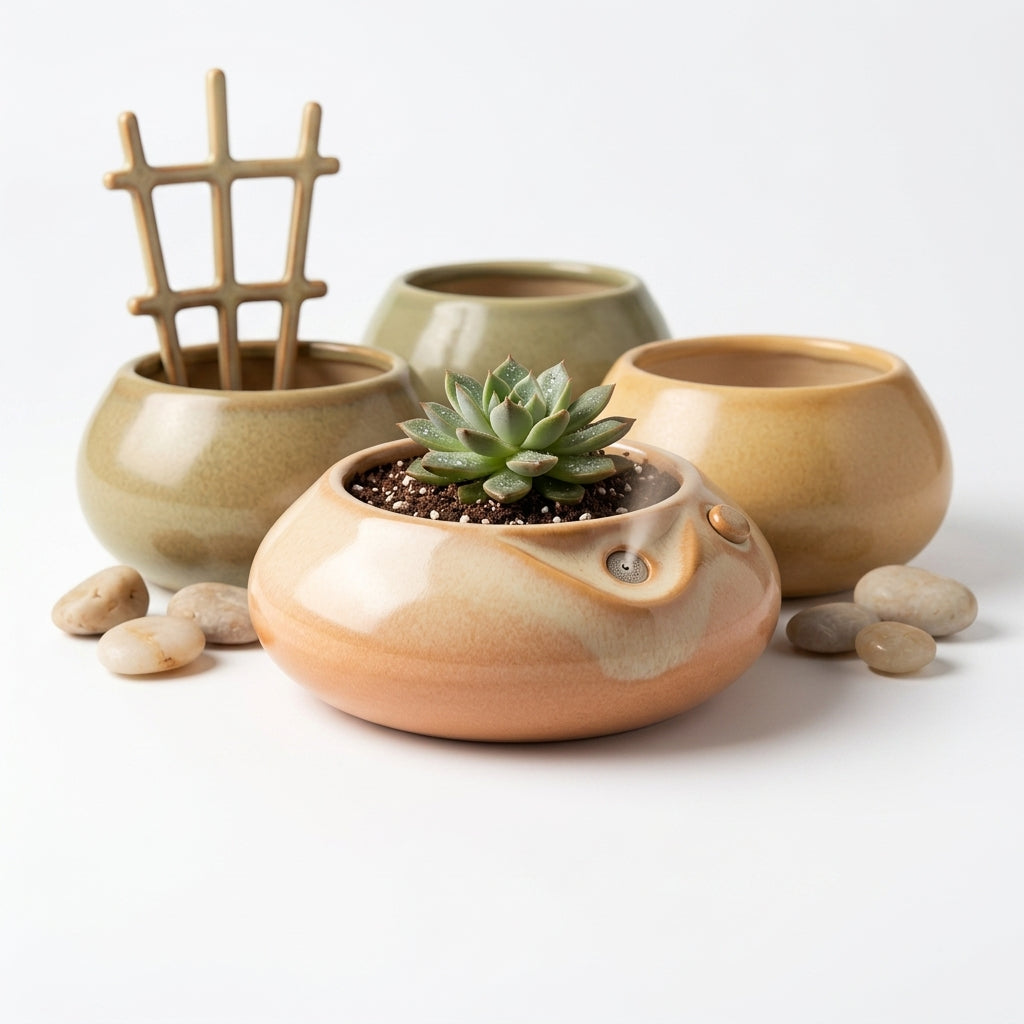 Pwnaeey™ Hydro-Mist Ceramic Planter Set - Smart Self-Watering Succulent Pot with Integrated Mister, Decorative Indoor Flower Pots with Trellis and River Rocks for Home Office Decor