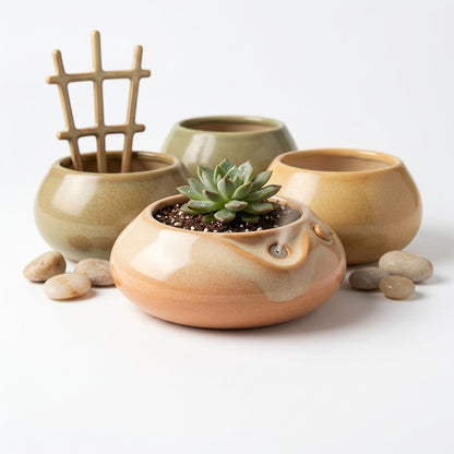 Pwnaeey™ Hydro-Mist Ceramic Planter Set - Smart Self-Watering Succulent Pot with Integrated Mister, Decorative Indoor Flower Pots with Trellis and River Rocks for Home Office Decor
